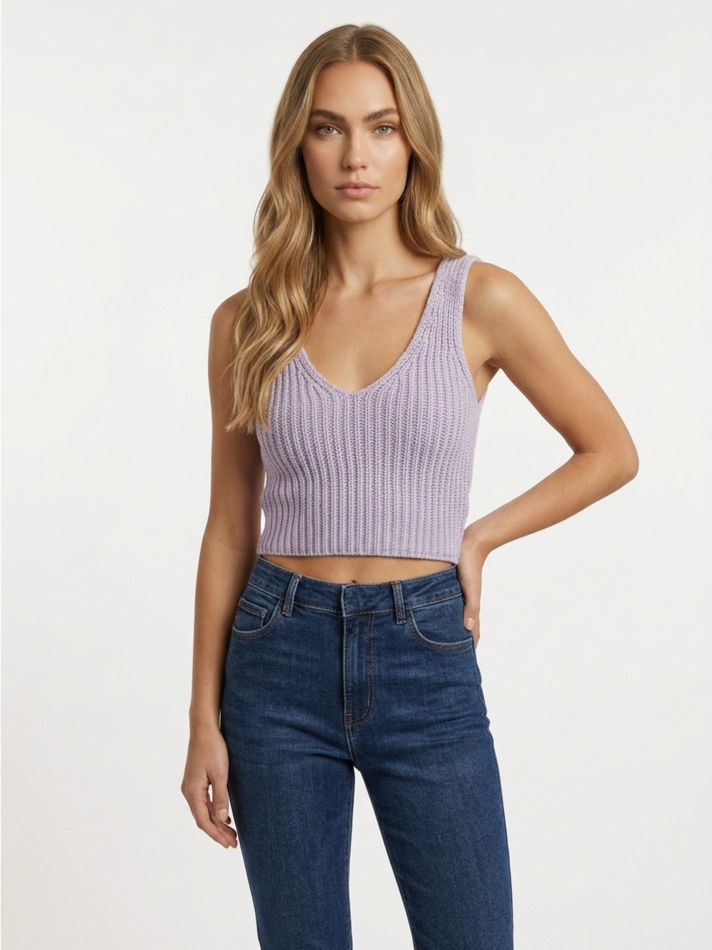V-Neck Cropped Knit Tank Top - Lavender size S NWT